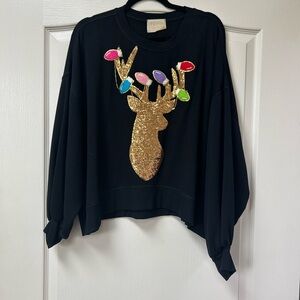 Judith March Black Sweater with Gold Reindeer and Colorful Lights